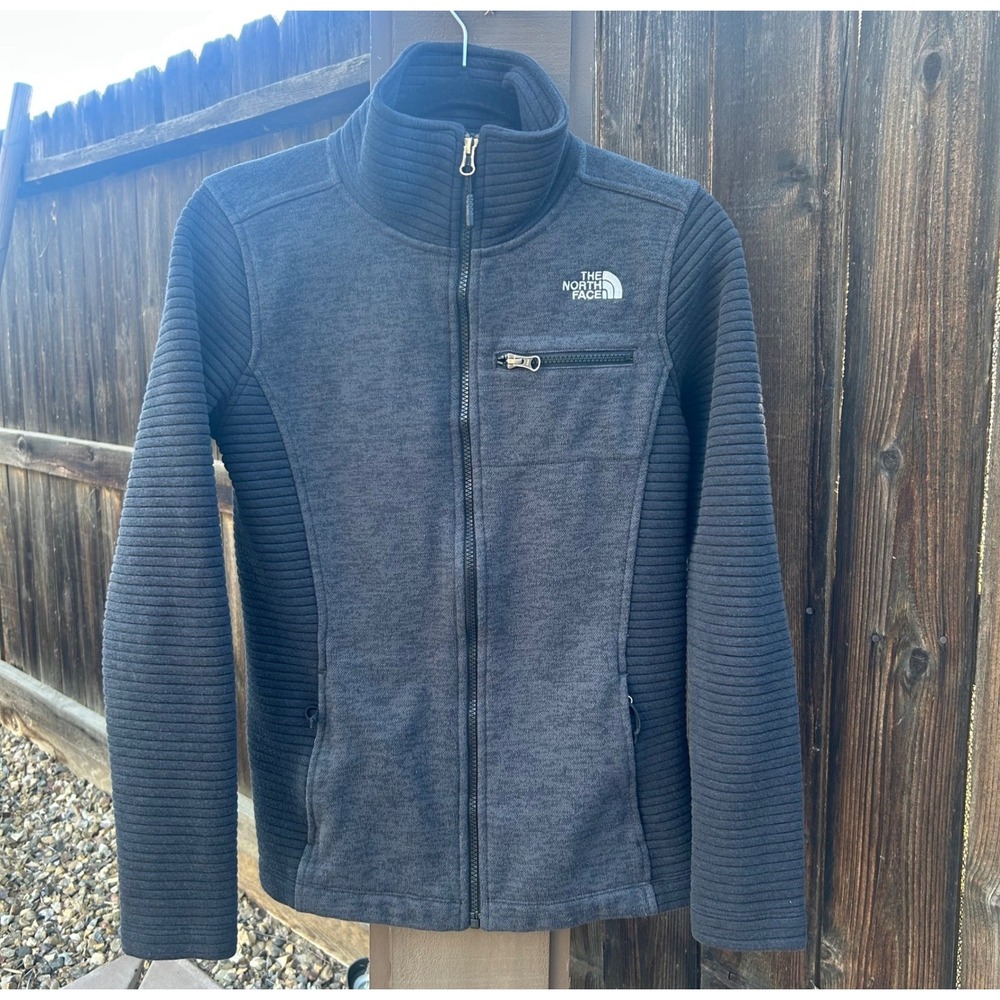 The North Face Womens M Charcoal Gray Fleece Jacket Full Zip Ribbed Sleeves